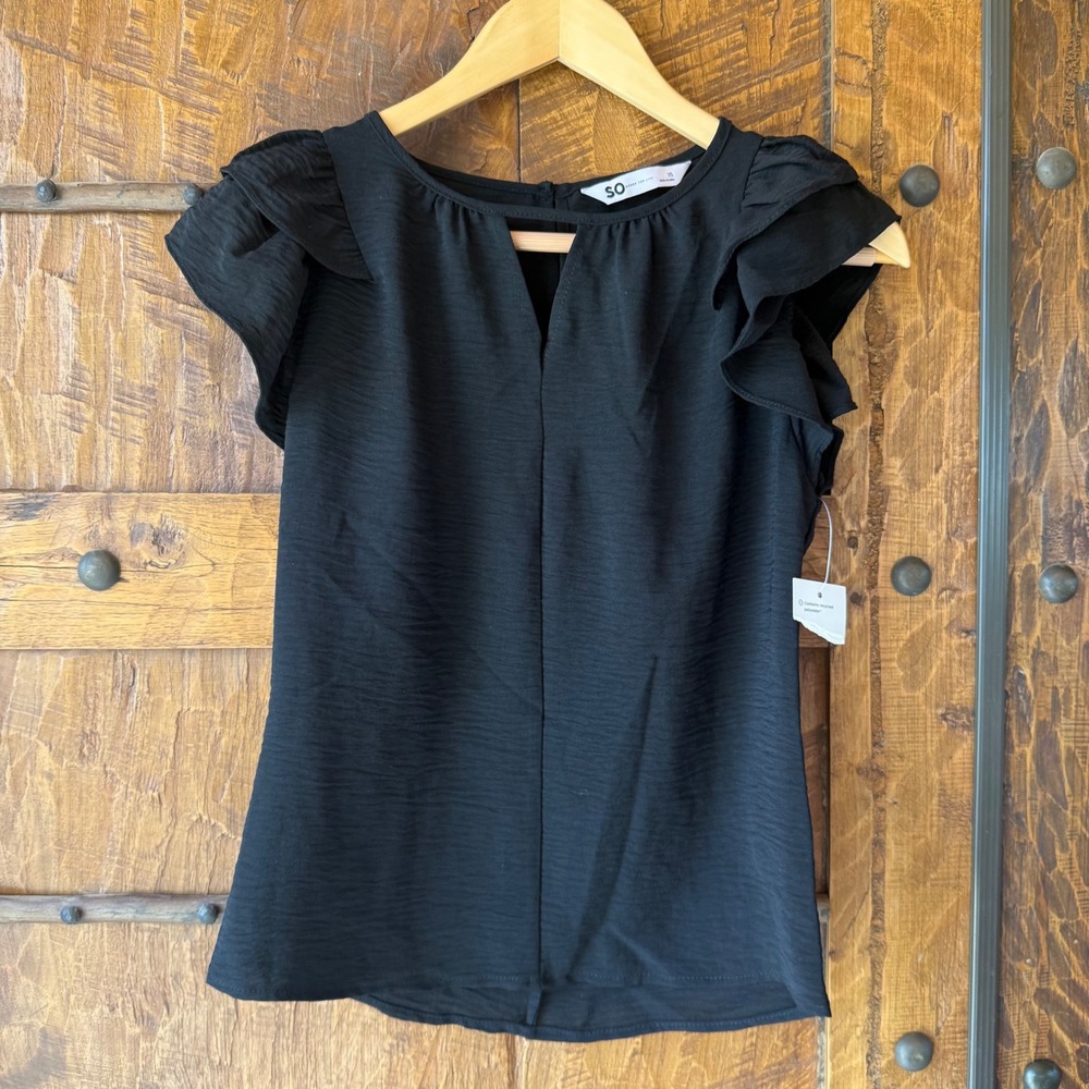 SO Goods For Life Womens Black Flutter Sleeve Split Neck Blouse Top XS New